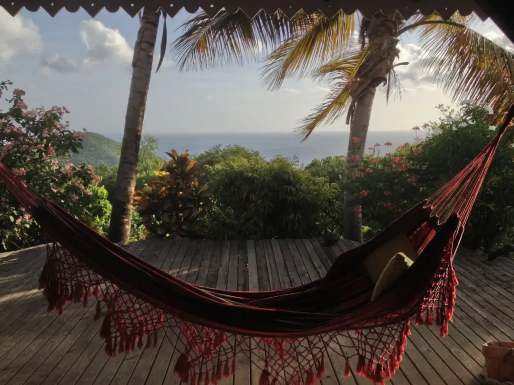 Pause Hamac et cocktail aux fruits face à l'horizon au gîte Route du Rhum Pointe-Noire Guadeloupe