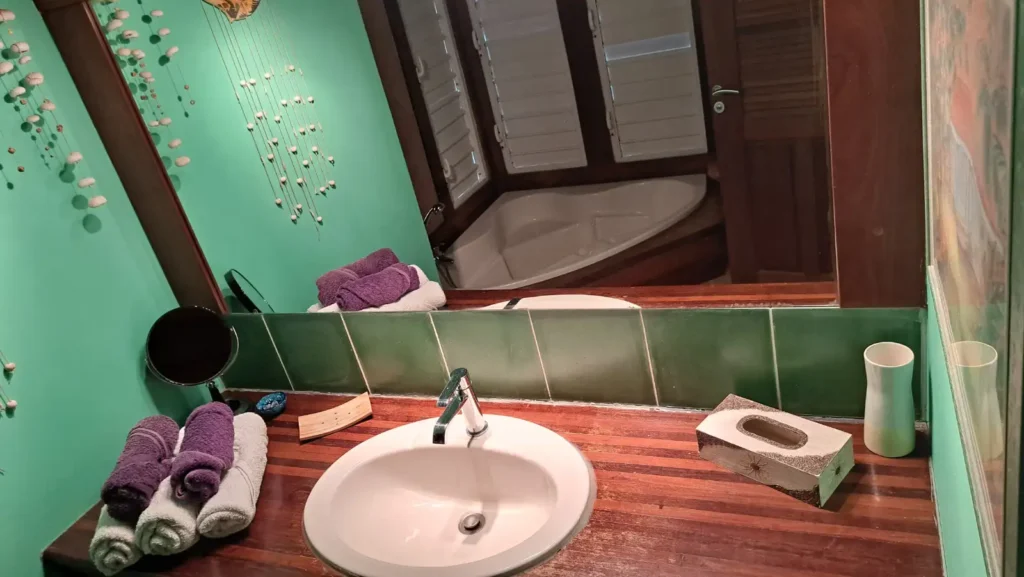 Salle de bain décorée et équipée à la Villa Secret Garden Pointe-Noire Guadeloupe