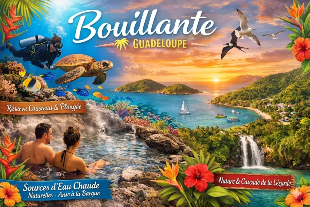 Affiche touristique illustrée de Bouillante, Guadeloupe, avec plongeurs à la Réserve Cousteau, tortue marine, Îlets Pigeon, sources d'eau chaude et cascade de la Lézarde au coucher du soleil.