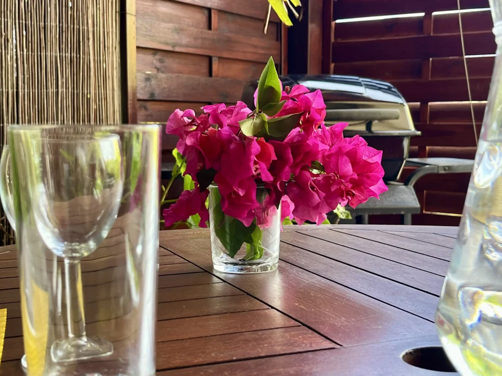 Bouquet de bougainvillier sur la table extérieure du Studio Anolis Caraïbe Créol'Keys à Port-Louis Guadeloupe
