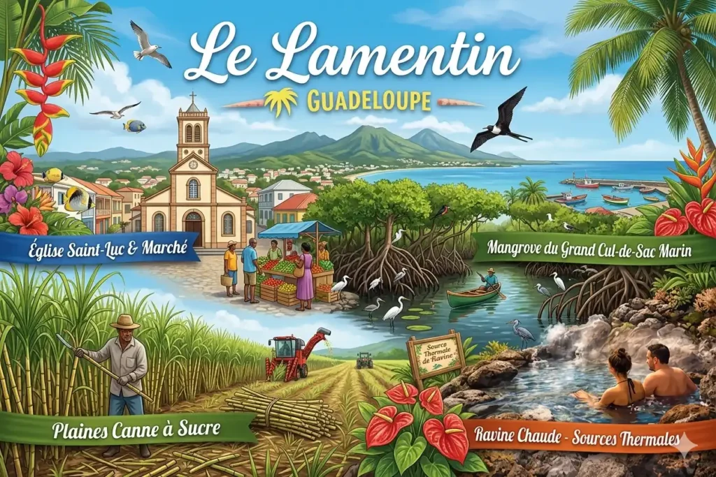 Affiche touristique illustrée du Lamentin, Guadeloupe, montrant l'église Saint-Luc, le marché, la mangrove, les champs de canne à sucre et les sources thermales de Ravine Chaude
